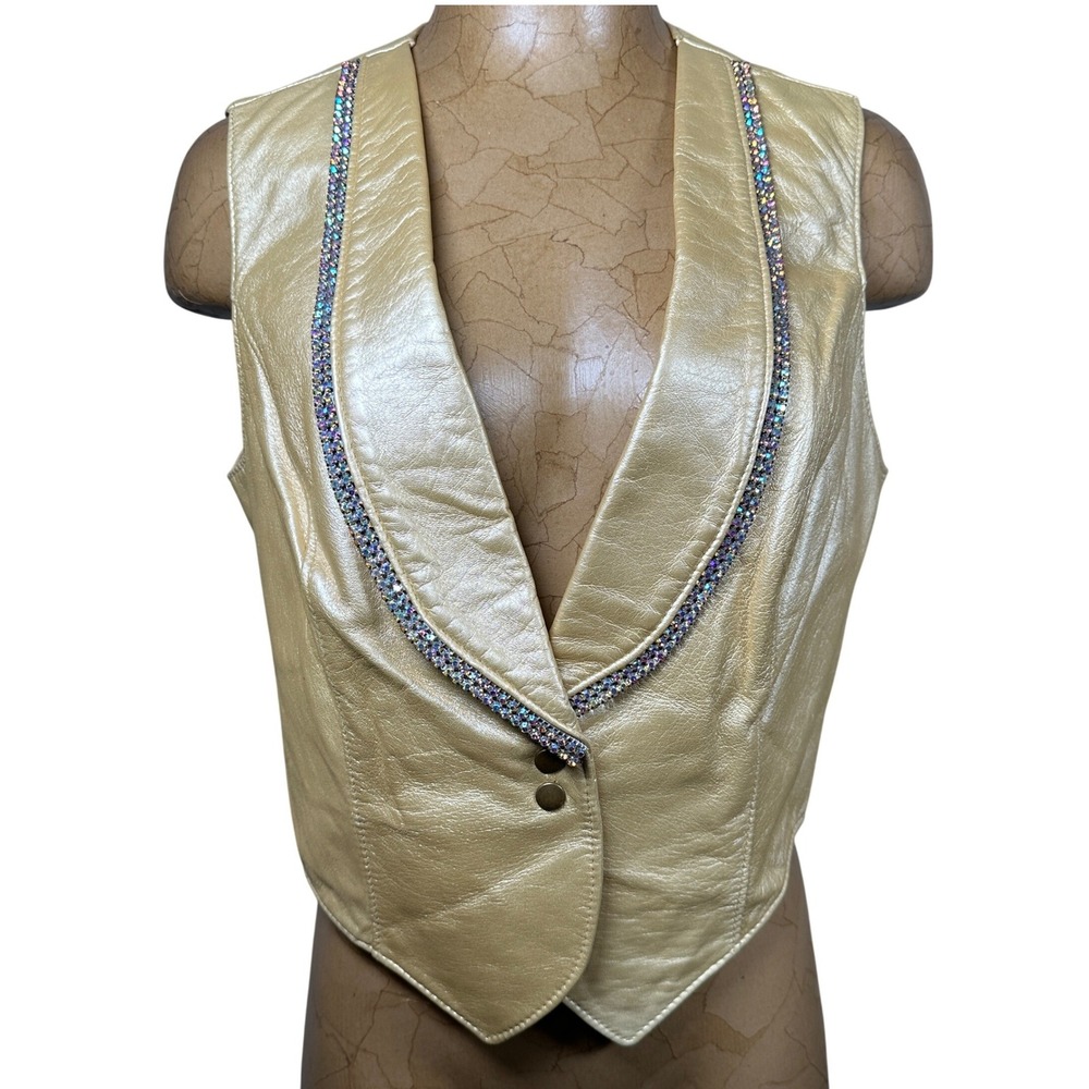 Hayley Lynn Gold Metallic Show‎ Leather Rhinestone Vest Horse Rodeo Vintage Glam
